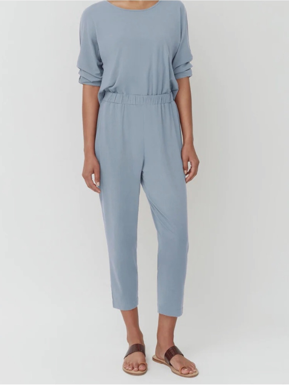 NEW Cuyana Women’s XL Soft Dusk Blue Cropped Open Back Jumpsuit Elastic Waist